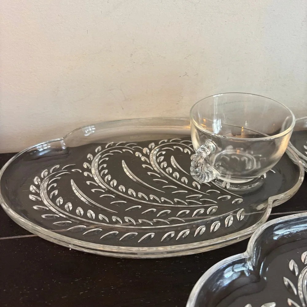 Vintage Federal Glass | Homestead | Snack‎ Set 3 Plates 3 Cups Pressed Glass MCM